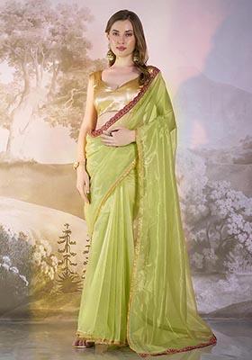 Lime Yellow Weaving Net Saree Set