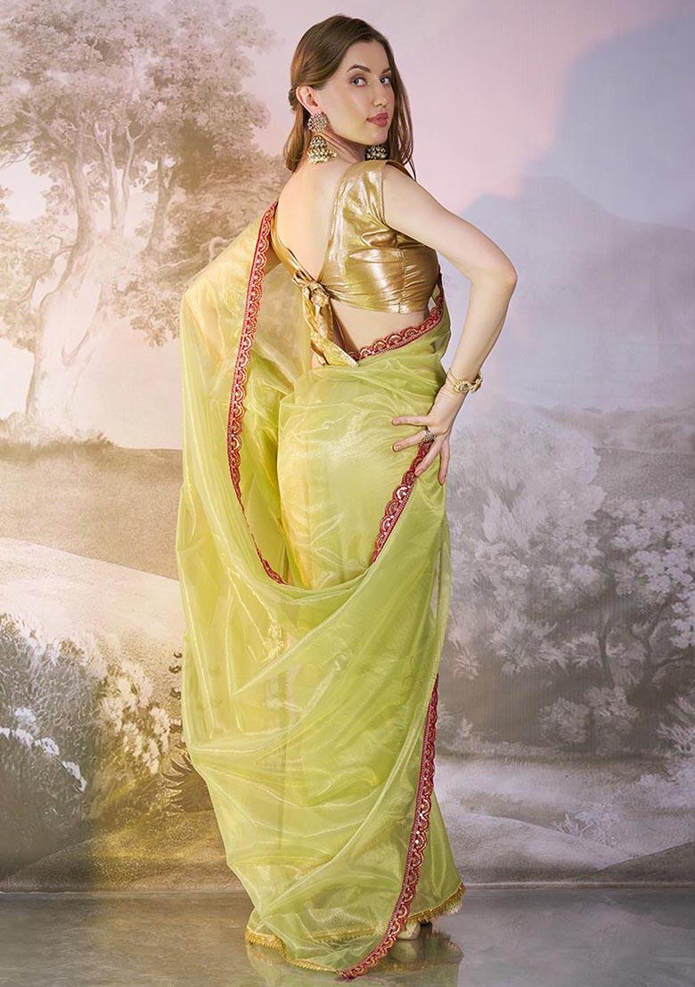 Lime Yellow Weaving Net Saree Set