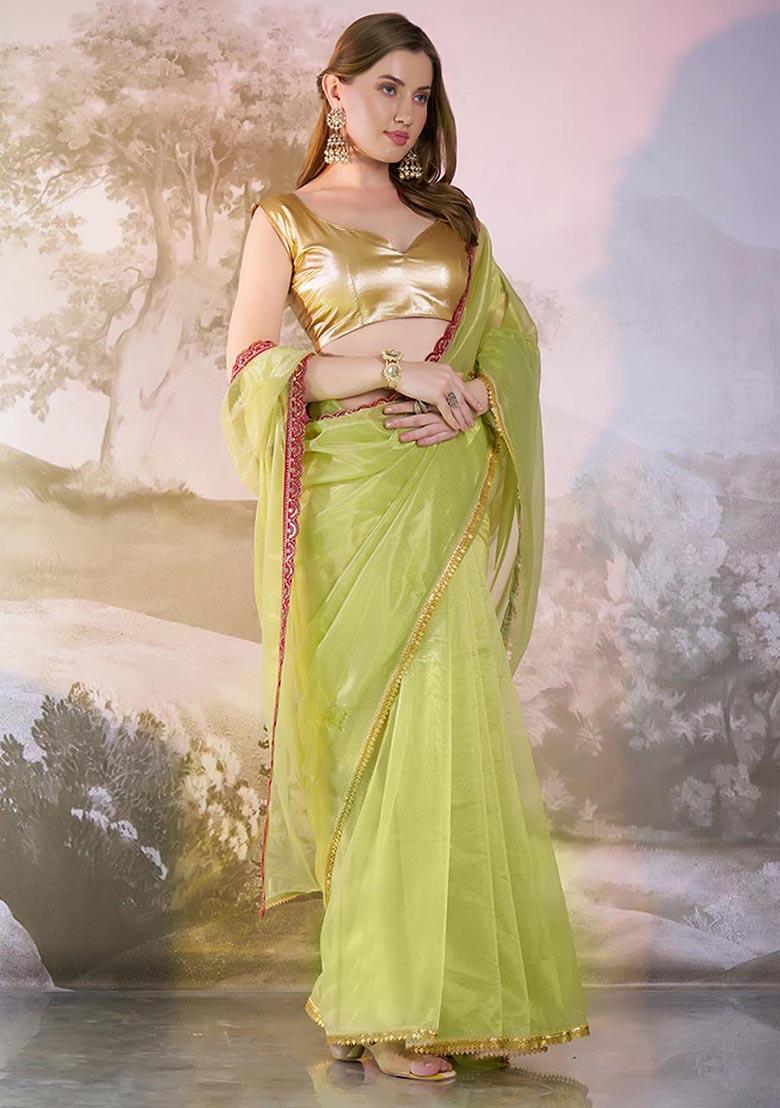 Lime Yellow Weaving Net Saree Set