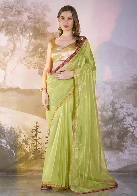 Lime Yellow Weaving Net Saree Set