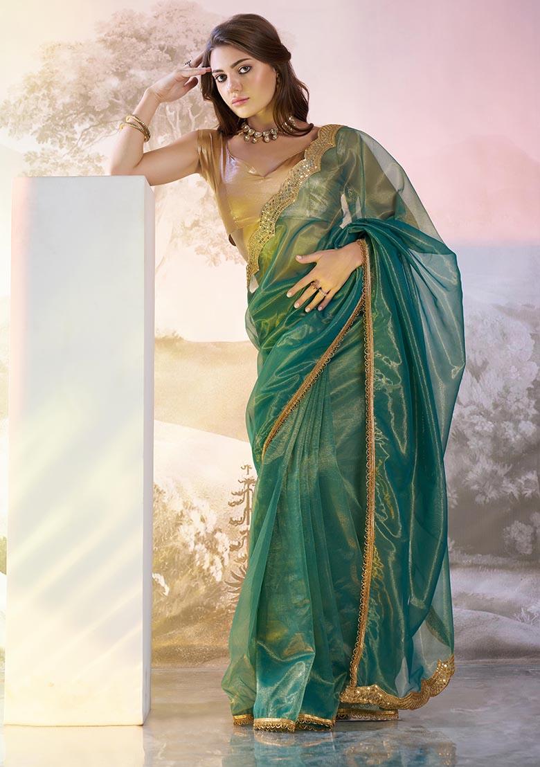 Sea Green Weaving Net Saree Set