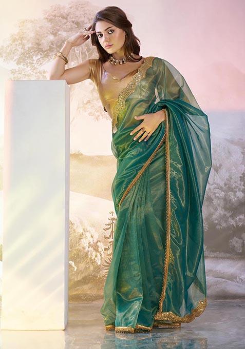 Sea Green Weaving Net Saree Set