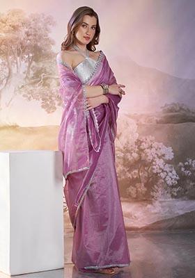 Lavender Weaving Net Saree Set