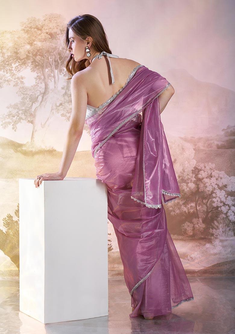 Lavender Weaving Net Saree Set