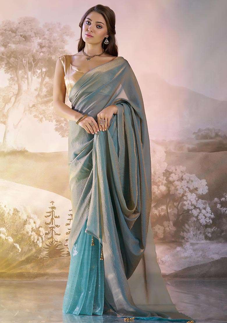 Grey Weaving Net Saree Set - Indya
