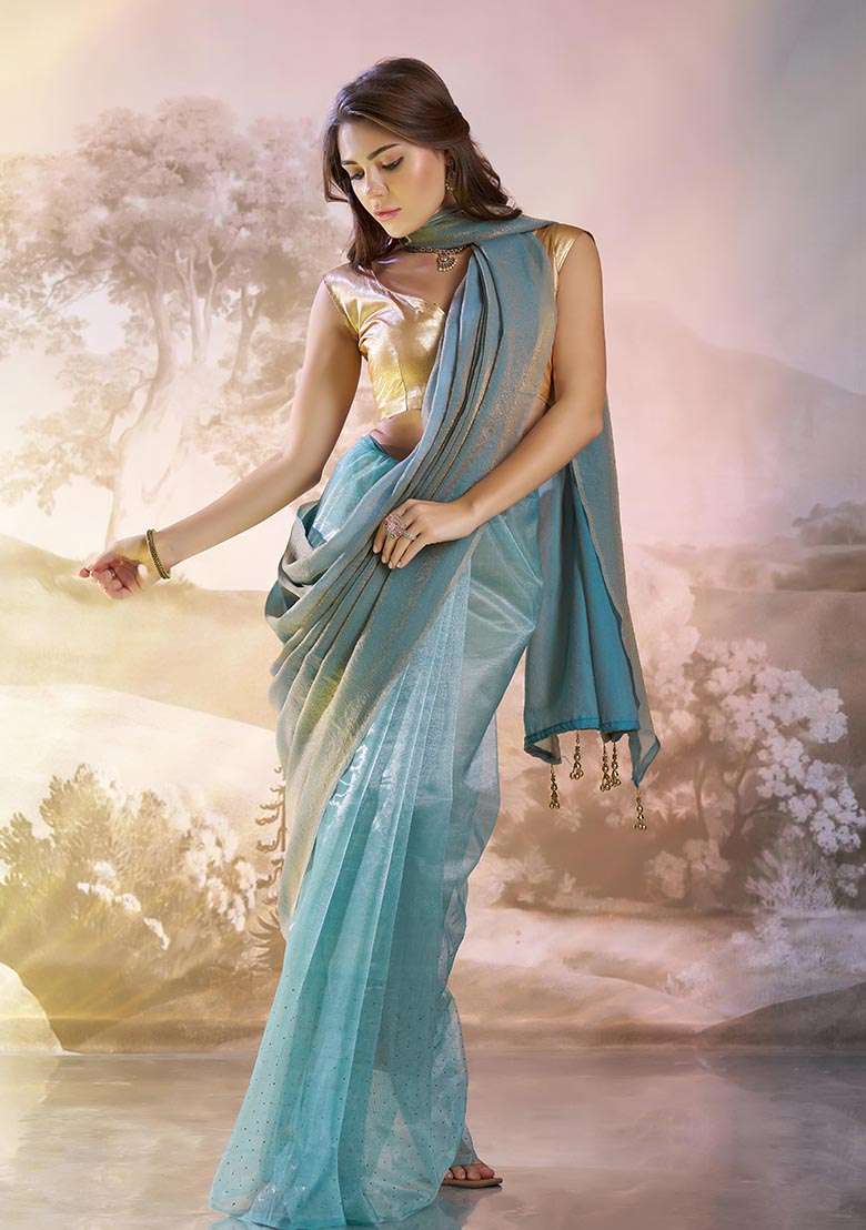 Grey Weaving Net Saree Set - Indya