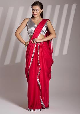 Red Weaving Satin Saree Set
