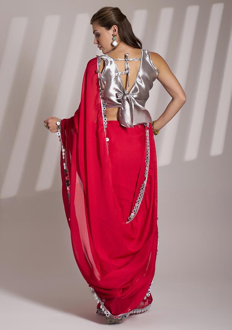 Red Weaving Satin Saree Set