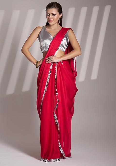 Red Weaving Satin Saree Set