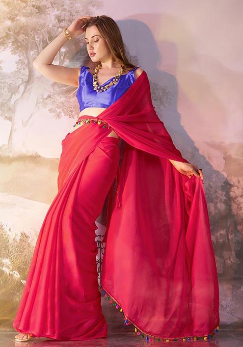 Red Weaving Chiffon Saree Set