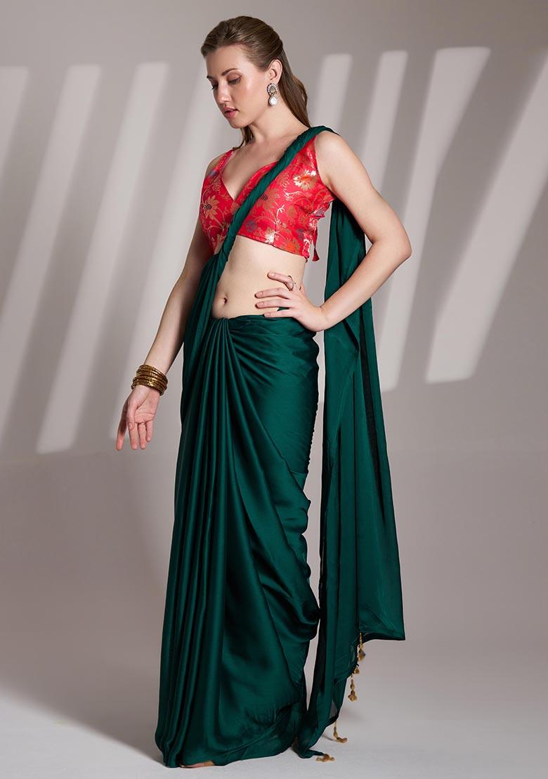 Green Weaving Satin Saree Set