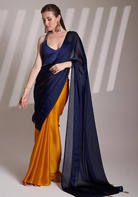 Blue Weaving Satin Saree Set