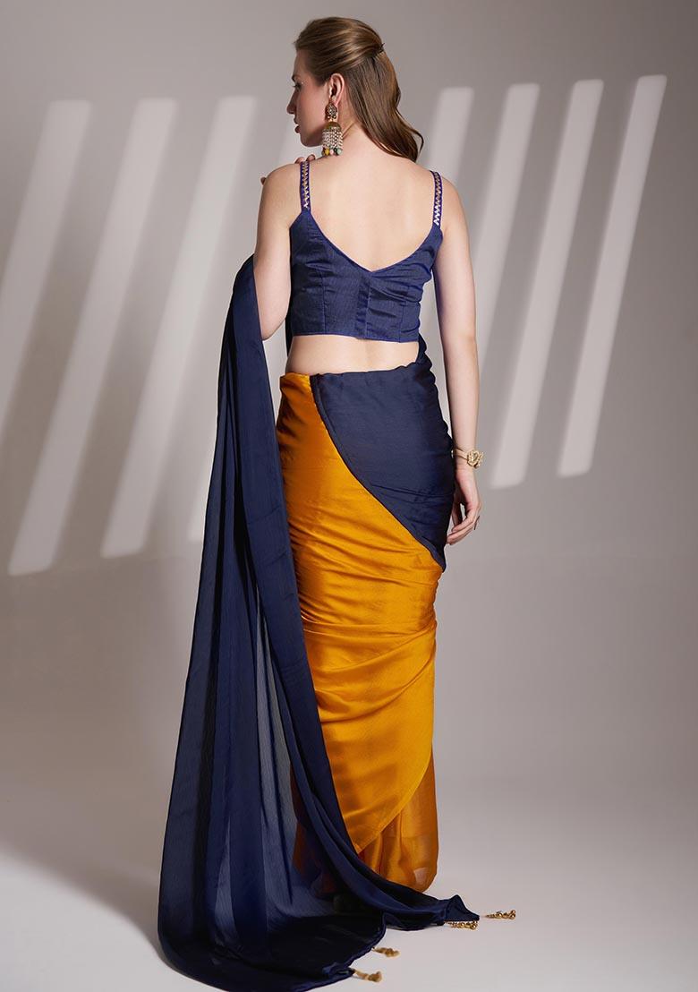 Blue Weaving Satin Saree Set