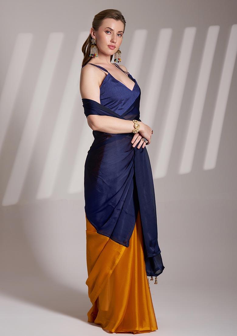 Blue Weaving Satin Saree Set