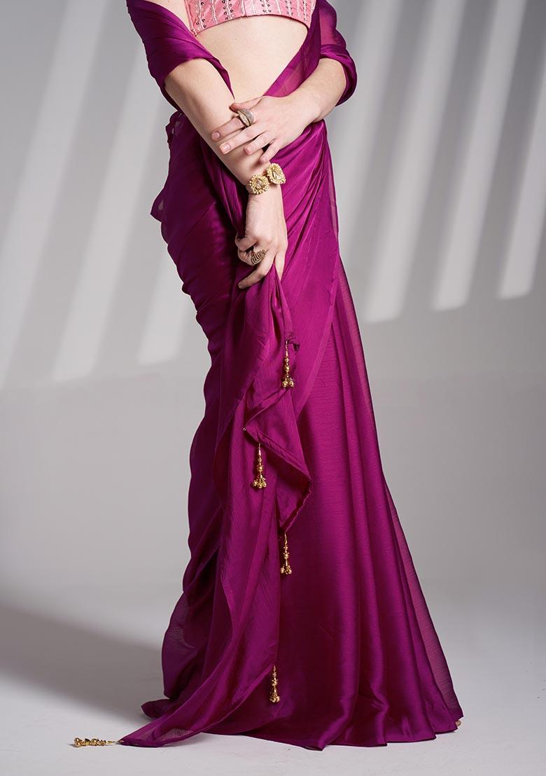 Wine Weaving Chiffon Saree Set