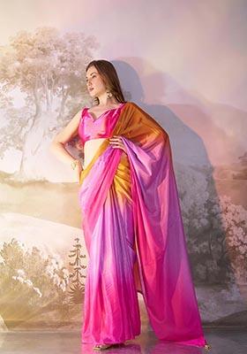 Multicolor Printed Chinon Saree Set