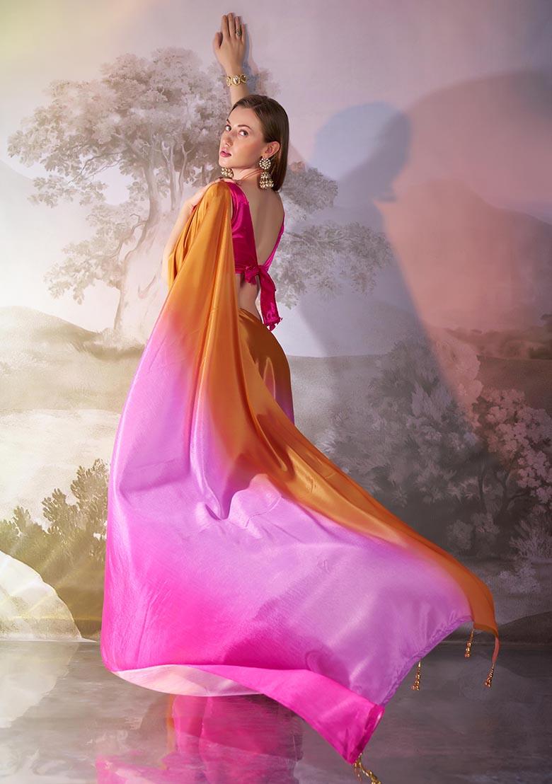 Multicolor Printed Chinon Saree Set