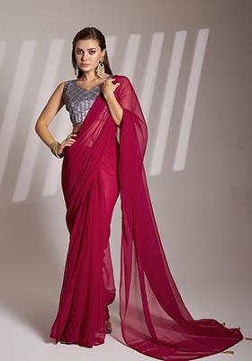 Dark Pink Weaving Poly Blend Saree Set