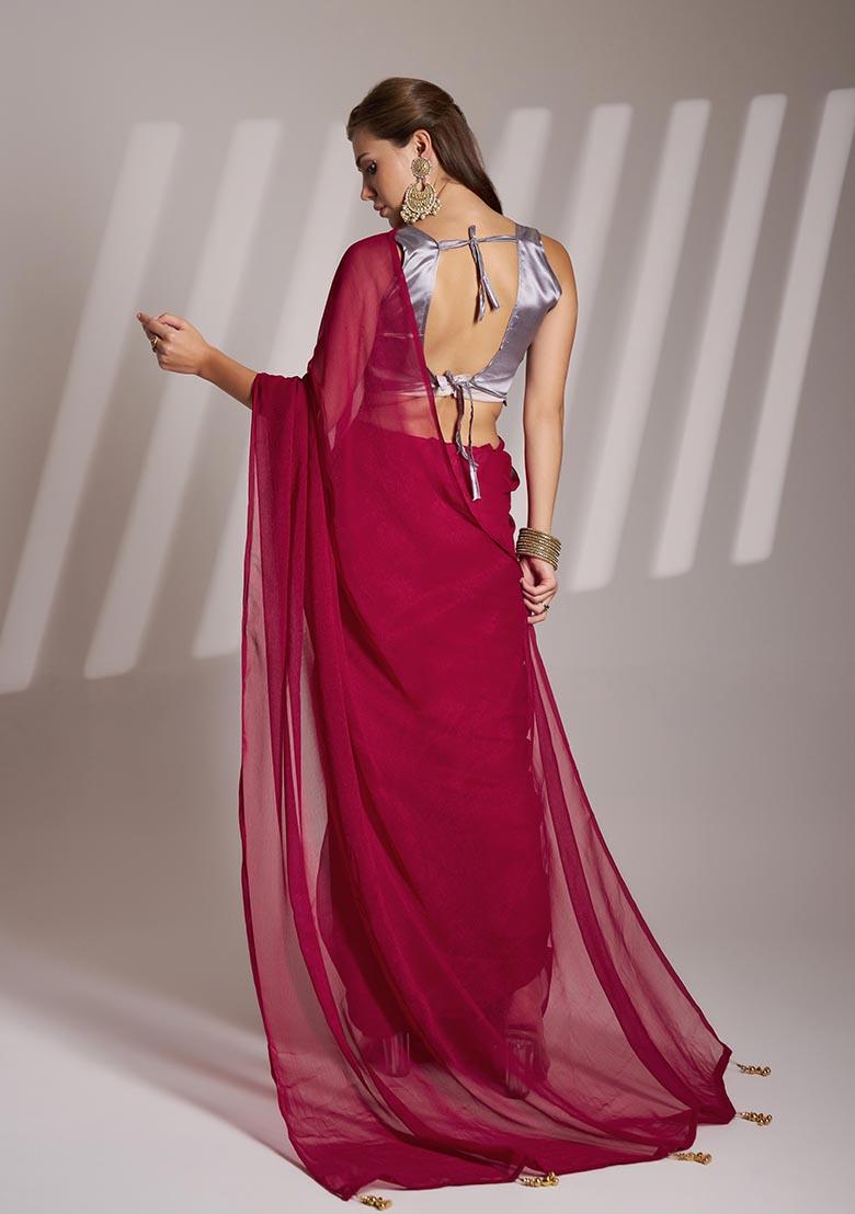 Dark Pink Weaving Poly Blend Saree Set