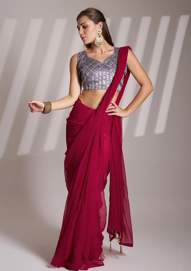Dark Pink Weaving Poly Blend Saree Set