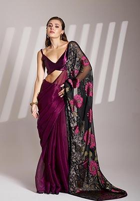 Wine Weaving Poly Blend Saree Set
