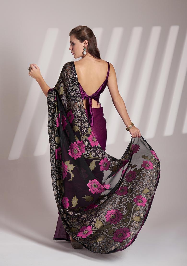 Wine Weaving Poly Blend Saree Set