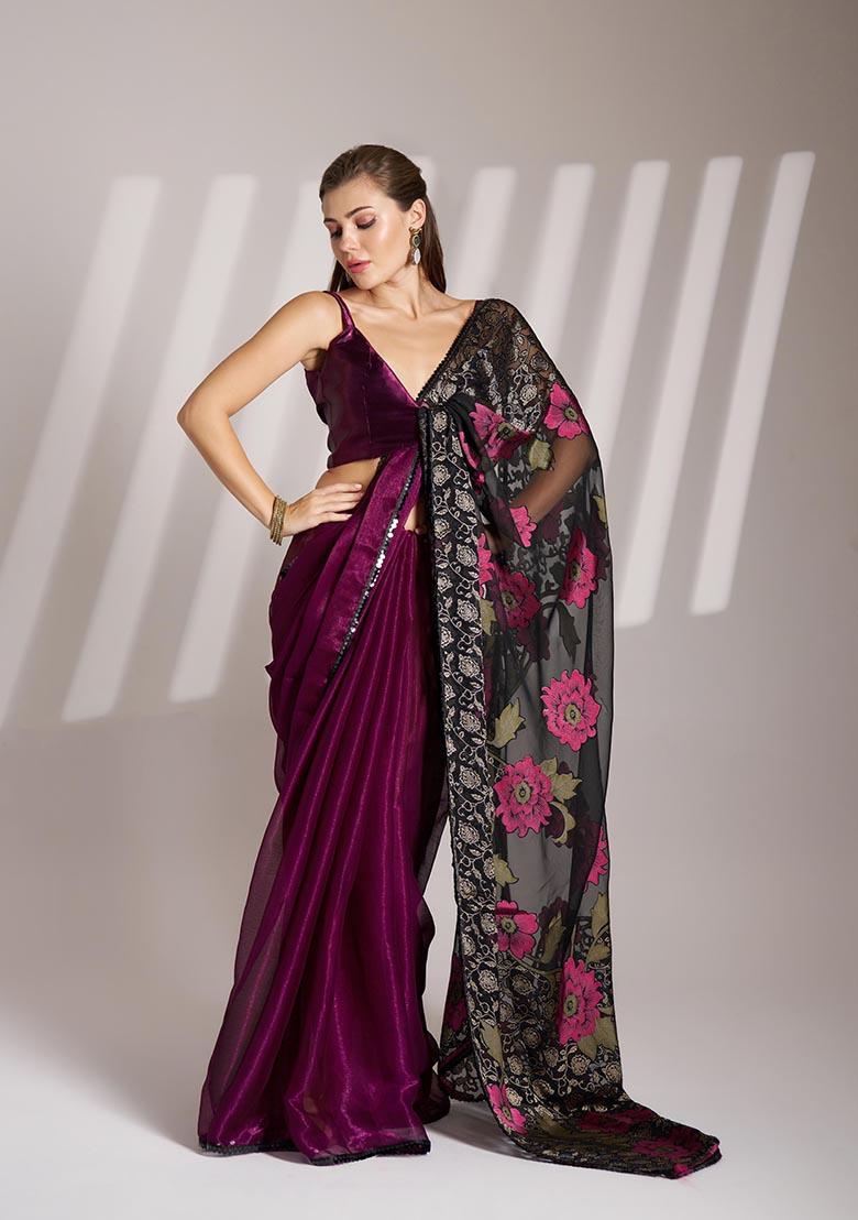 Wine Weaving Poly Blend Saree Set