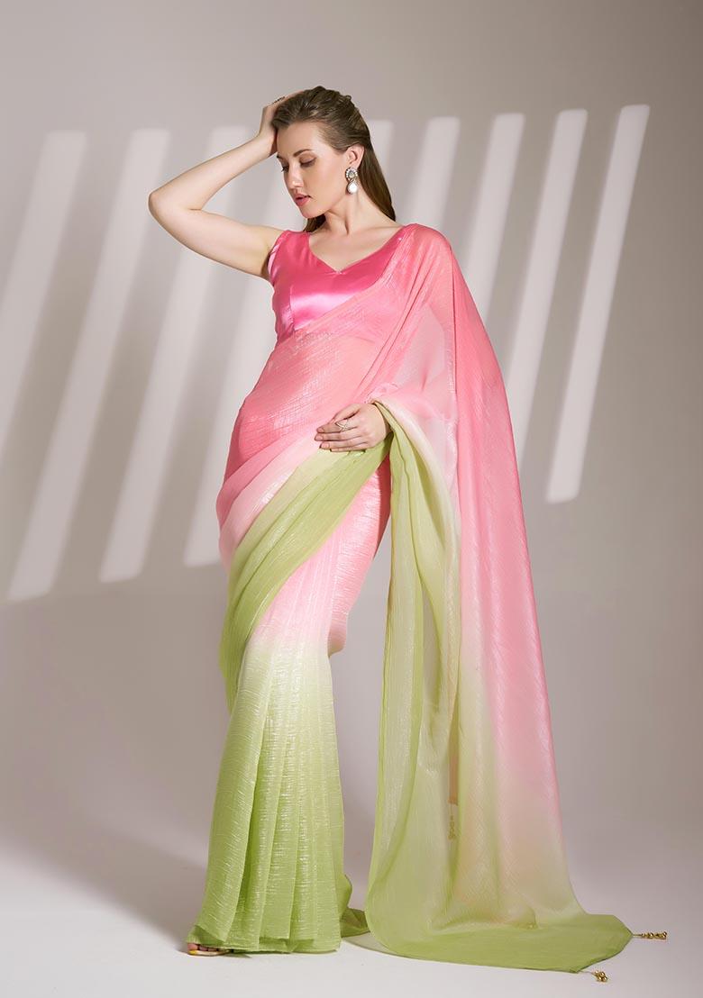 Multicolor Solid Chiffon Saree Set