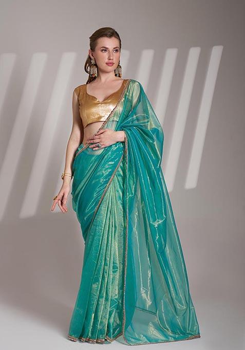 Sea Green Weaving Net Saree Set