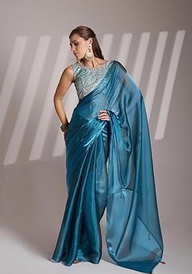 Sea Blue Weaving Organza Saree Set