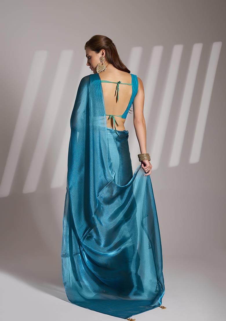 Sea Blue Weaving Organza Saree Set