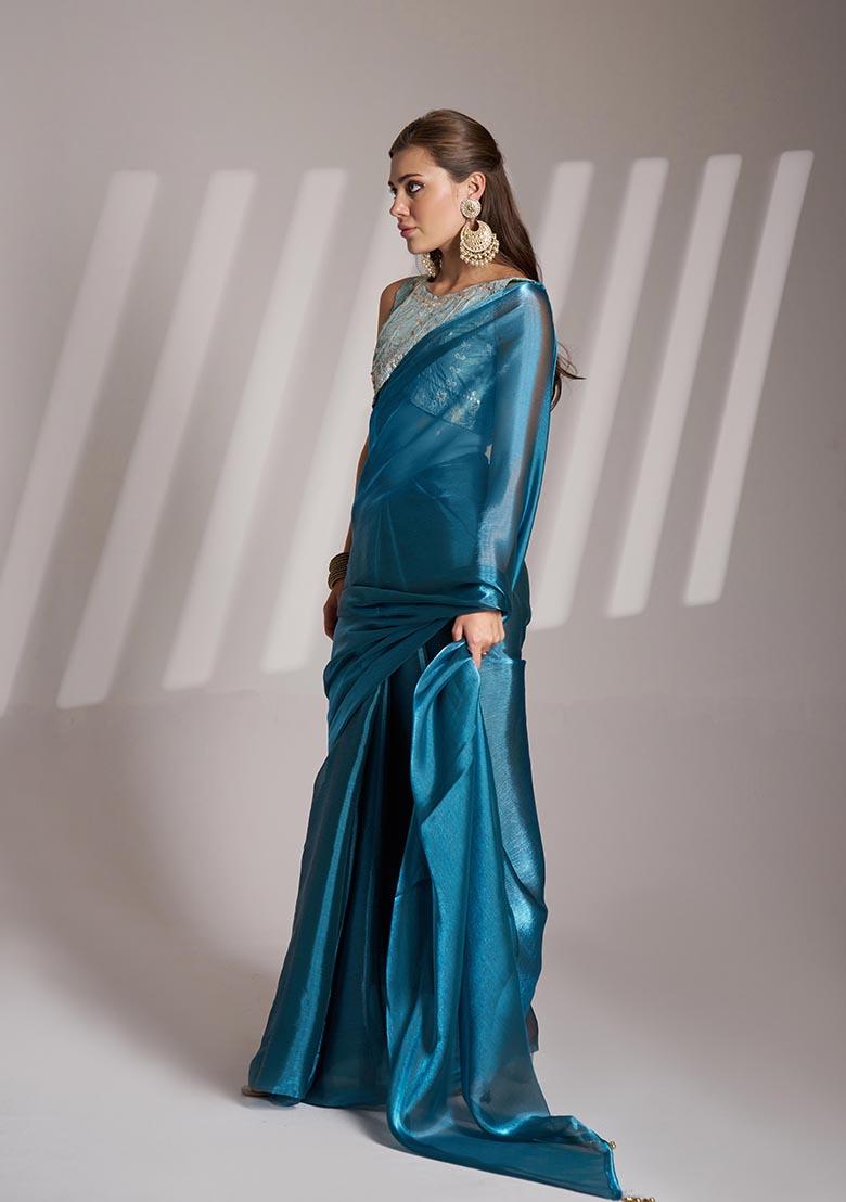 Sea Blue Weaving Organza Saree Set