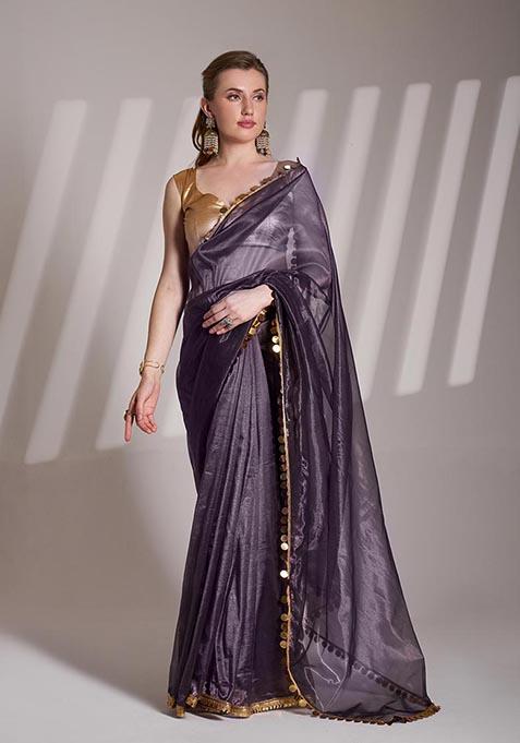 Purple Weaving Net Saree Set