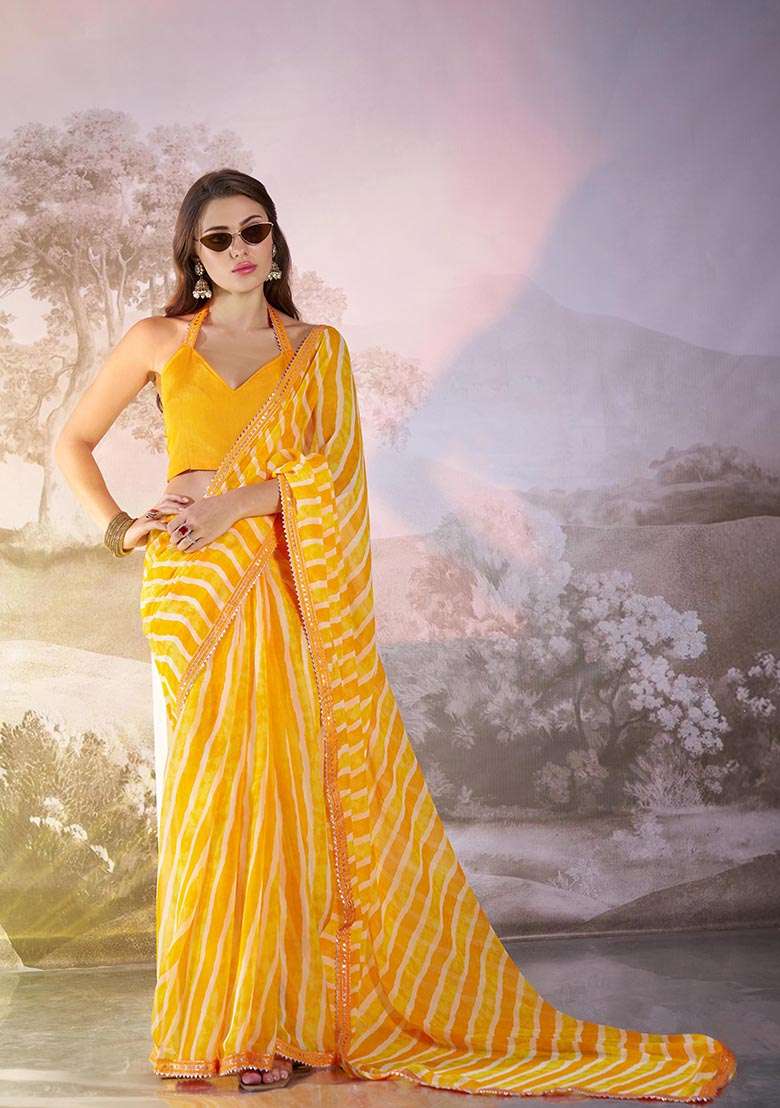 Yellow Printed Georgette Saree Set - Indya