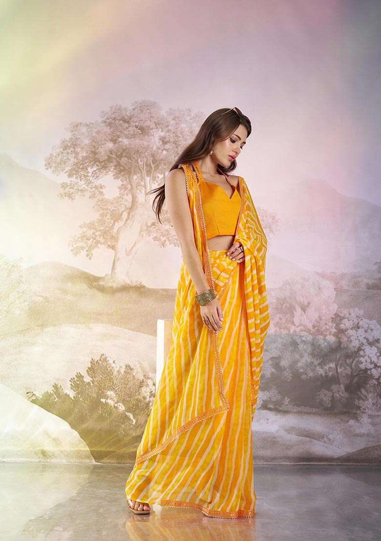 Yellow Printed Georgette Saree Set - Indya