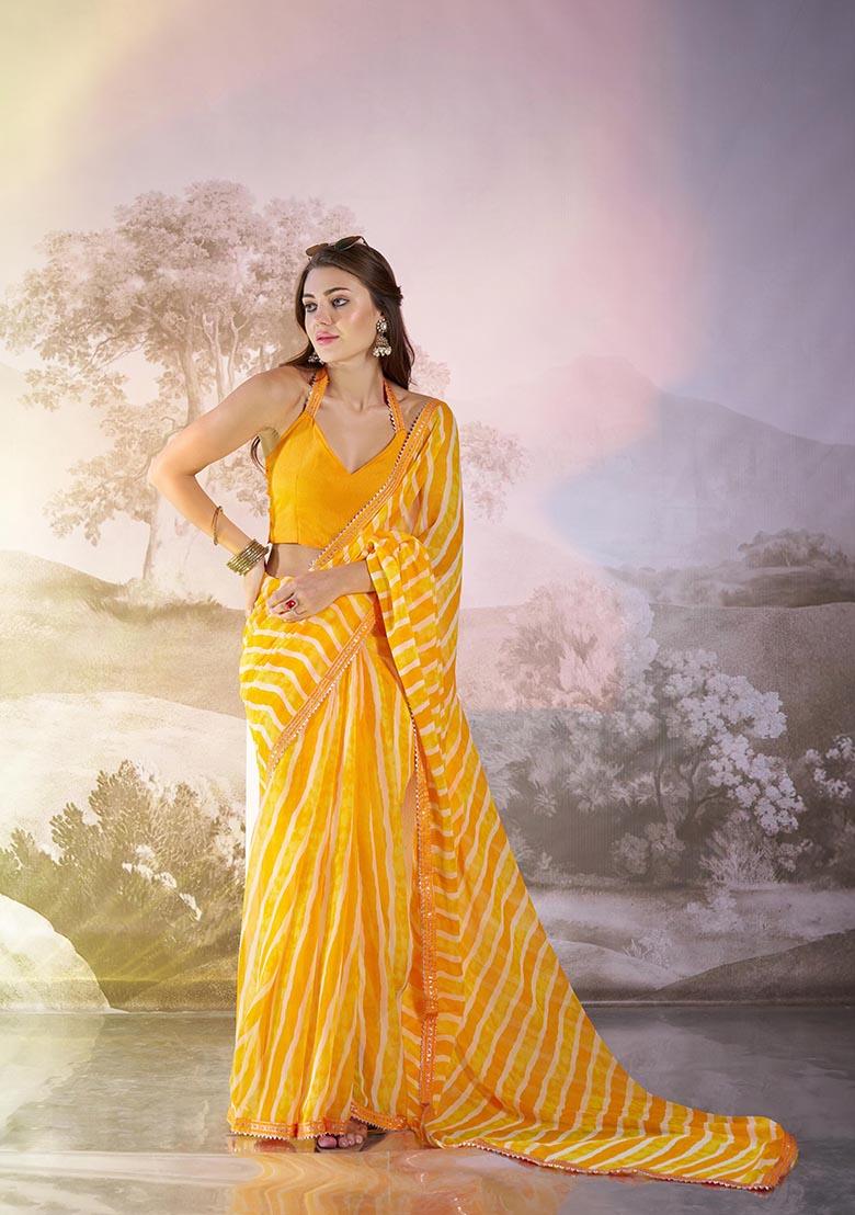 Yellow Printed Georgette Saree Set
