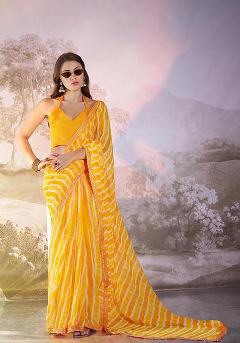 Yellow Printed Georgette Saree Set