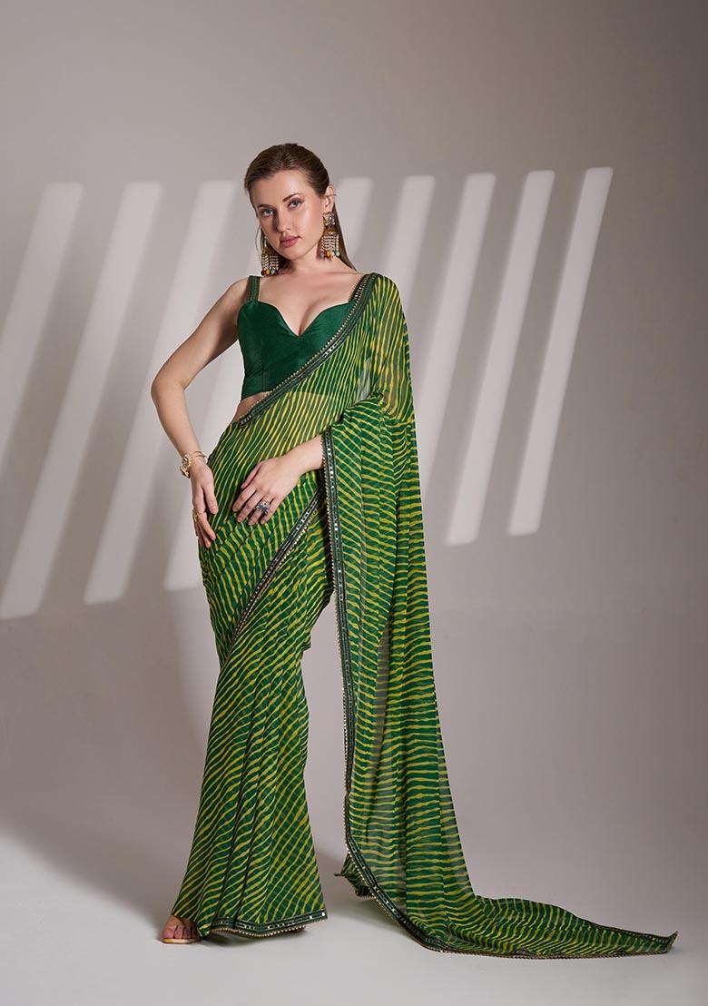 Green Printed Georgette Saree Set