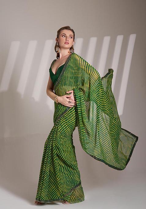 Green Printed Georgette Saree Set
