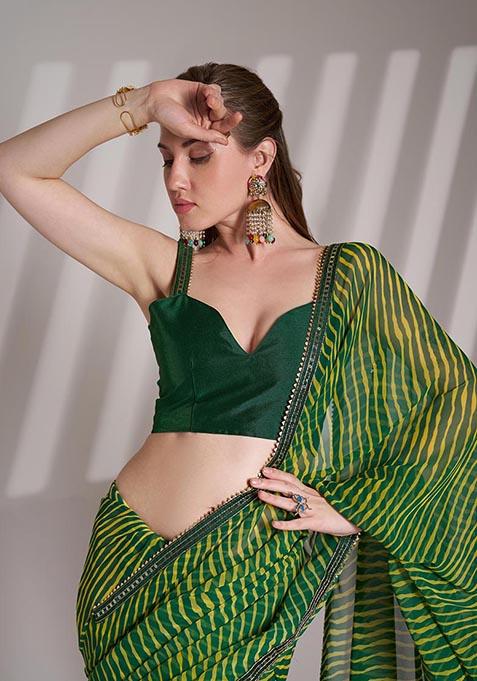 Green Printed Georgette Saree Set