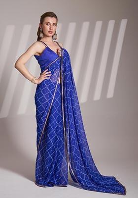 Blue Printed Georgette Saree Set