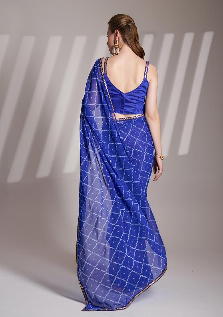 Blue Printed Georgette Saree Set