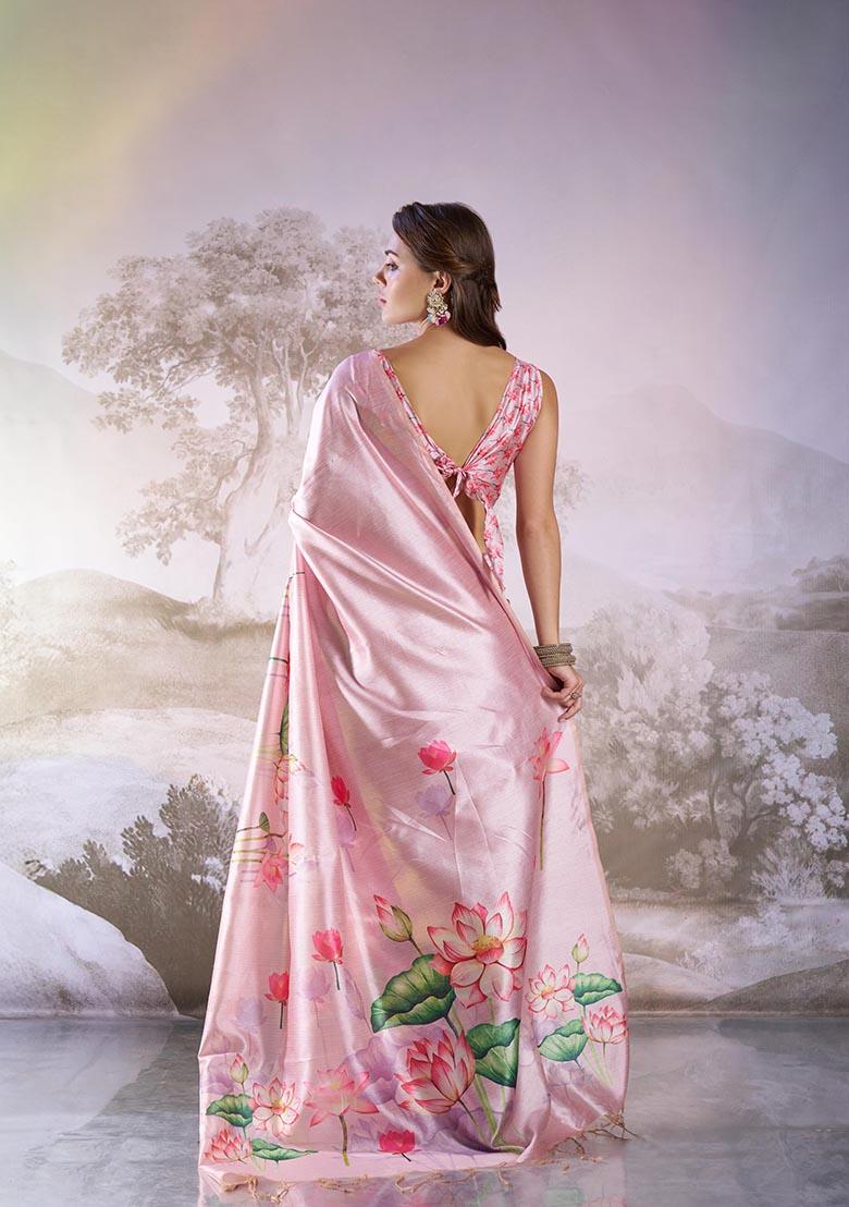 Pink Printed Poly Blend Saree Set
