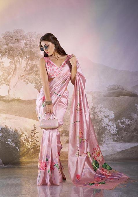 Pink Printed Poly Blend Saree Set