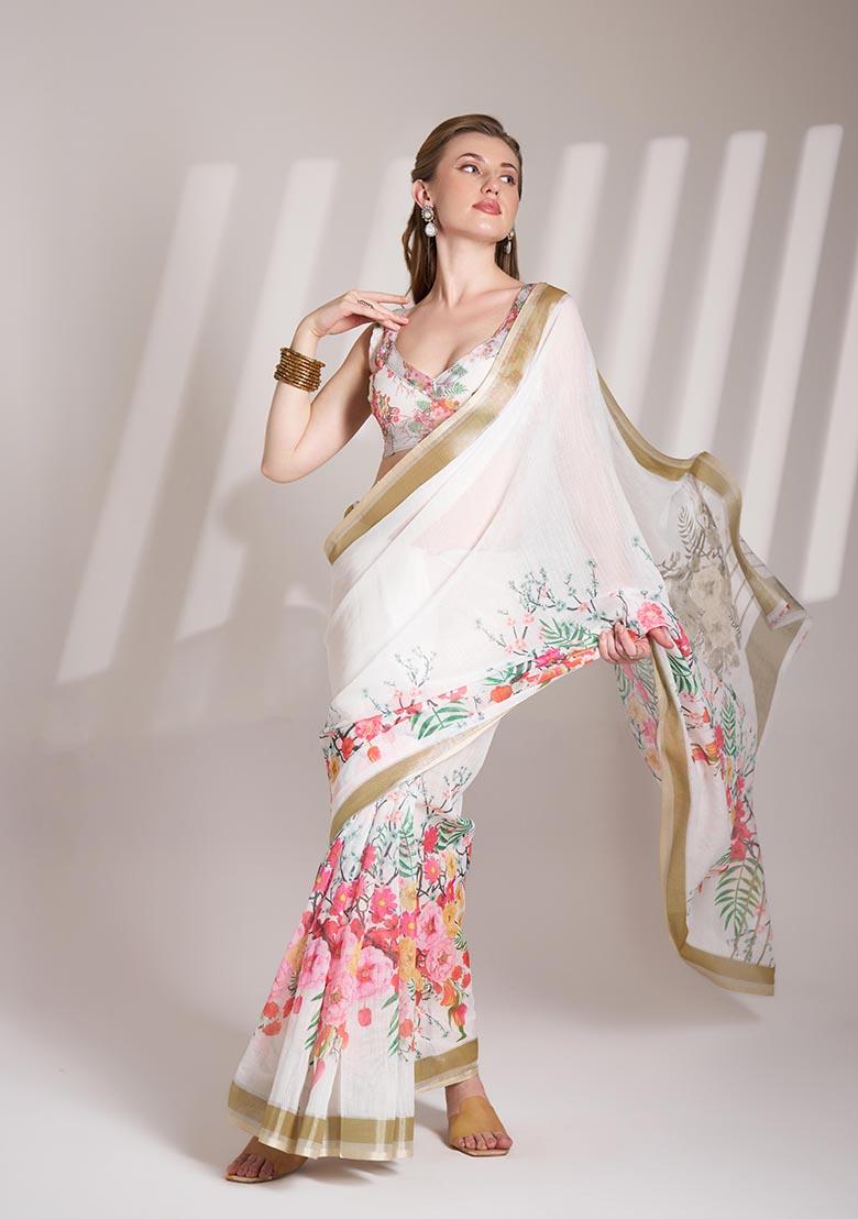 White Printed Poly Blend Saree Set