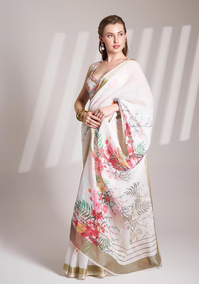 White Printed Poly Blend Saree Set