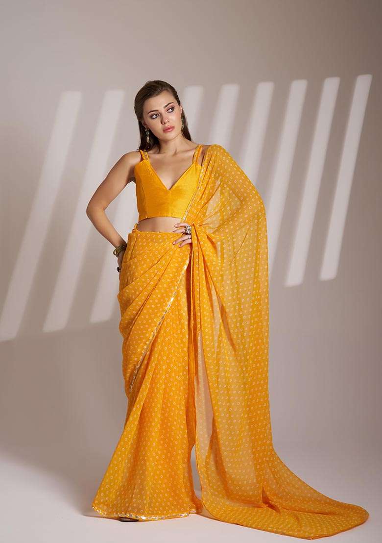 Yellow Printed Georgette Saree Set - Indya