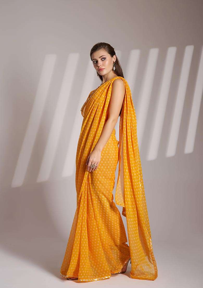 Yellow Printed Georgette Saree Set - Indya