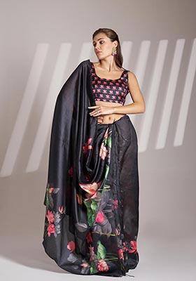 Black Printed Poly Blend Saree Set
