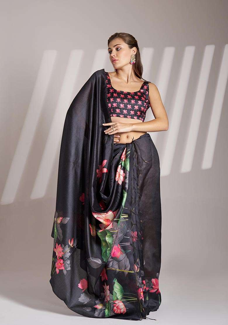 Black Printed Poly Blend Saree Set - Indya